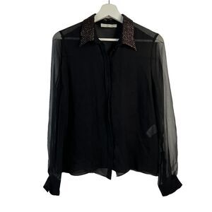 Chloe Size S 4 Blouse Black Semi Sheer Button Up Metallic Copper Sequin Collar‎